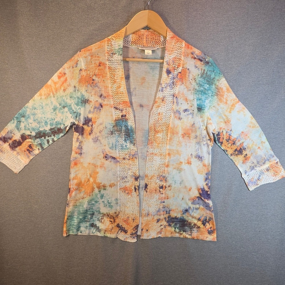 Christopher & Banks Watercolor Open Front Cardigan L Orange Teal Crochet Trim